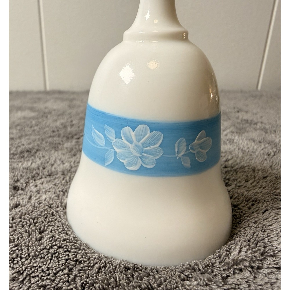 Vintage Signed Milk Glass Bell with Blue Flower Band - Picture 2 of 3